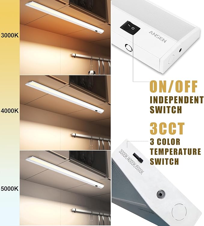 Ansen Hardwired Under Cabinet Lighting, 18inch 15W LED Light for Kitchen/Closet, 998.4lm, CRI>92, R9>90, Dimmable, 3 Color Temperature, 3000K/4000K/5000K(Warm White, Cool White, Daylight)