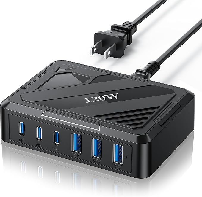 MaxLax 120W 6-Port USB Desktop Rapid Charging Station, 3 USB-C Ports + 3 USB-A Ports, PD & QC Smart Adaptive Charging, Compatible with MacBook/iPhone/Samsung/iPad and More(Black)
