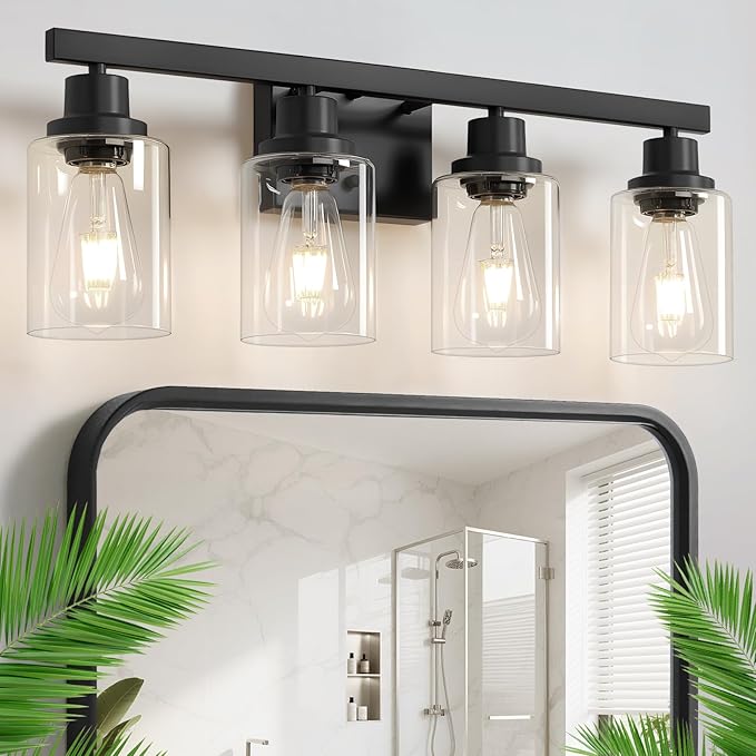 DIKAIDA Bathroom Vanity Light, 4-Light Modern Matte Black Wall Sconce Lighting with Clear Glass Shade, Bathroom Lighting Fixtures Over Mirror,Vintage Wall Mounted Lamps for Mirror Bedroom,Living Room