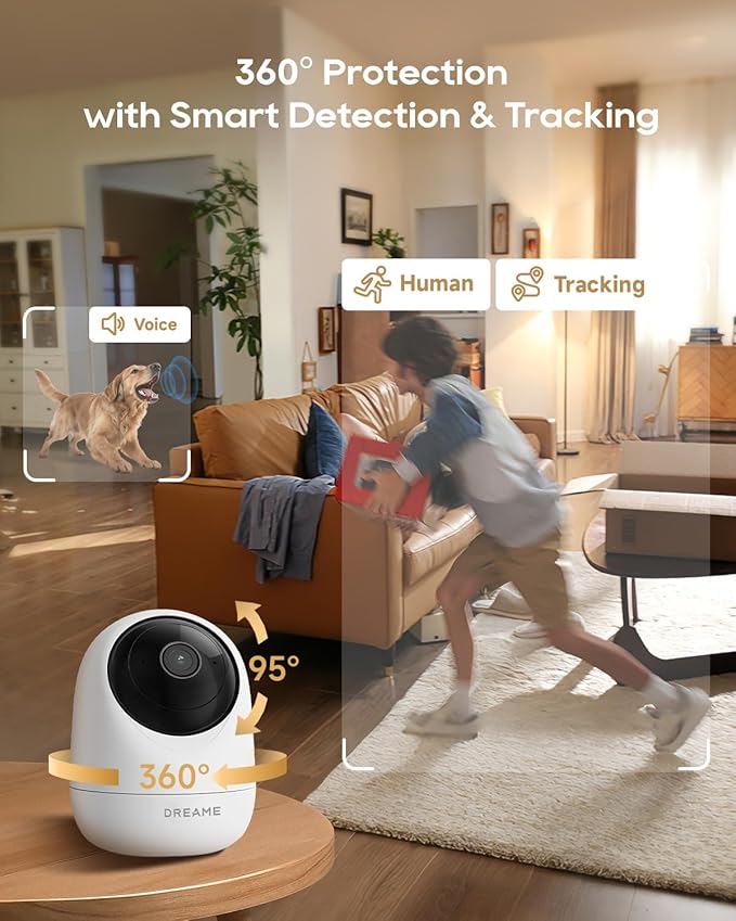 DREAME 2.5K Pet Dog Camera, Indoor Security Camera, Dual-Band 5G/2.4G Wi-Fi, Auto-Tracking, 360° Pan-Tilt, Cloud & 256GB SD Storage, 2-Way Audio, Physical Privacy Mode, Work with Alexa & Google, White