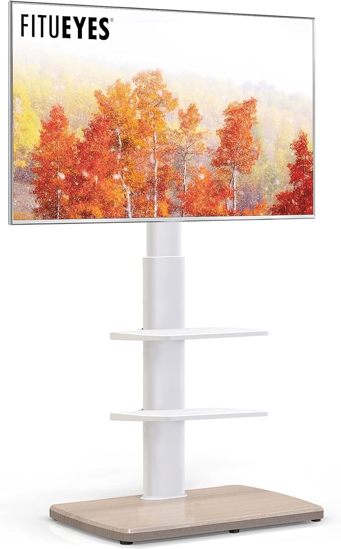 FITUEYES Floor TV Stand for 32 39 40 43 49 50 55 60 65 70 Inch TVs, Modern TV Stands with Shelf for Living Room Bedroom, Height Adjustable Corner TV Stand White