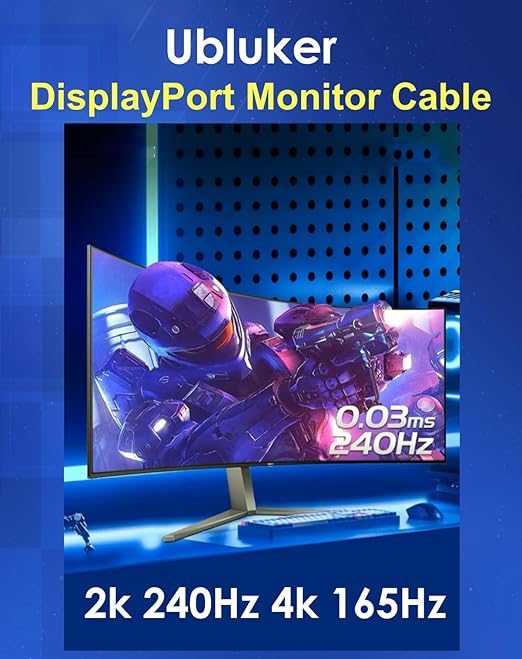 Ubluker 10K 8K DisplayPort 2.1 Cable 54Gbps 3.3 FT, Certified DP to DP Cord 4K 240Hz 165Hz 144Hz 120Hz 10K 8K 120Hz Nylon Braided UHBR HDCP2.3 FreeSync G-Sync RTX5090 Gaming Monitor PC Projector