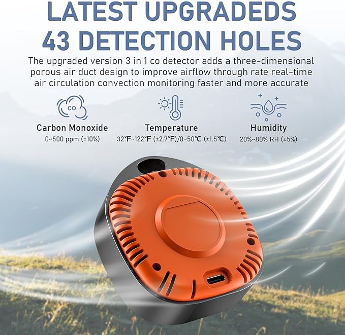 Portable Carbon Monoxide Detectors for Travel 3-in-1 Square Carbon Monoxide Monitor with 43 Detection Holes, RV CO Detector Alarm Temp/Humidity Sensor for Home, Camping & Travel Tent Car