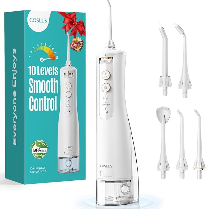 COSLUS Portable Water Flosser for Teeth: 10 Pressure Settings Professional Water Dental Pick for Orthodontic, Braces & Sensitive Gums - Cordless for Travel Use, for Adults Teens, BPA-Free, E40
