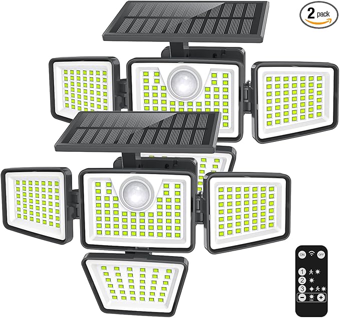 daphino 3000LM Solar Lights Outdoor with Motion Sensor,4 Head 270° Wide Angle Street Area Lights,IP65 Waterproof Security Lighting with 3 Modes(Remote,2 Pcs)