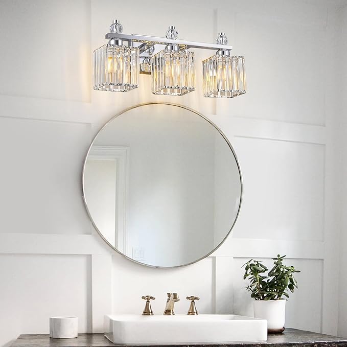 FDPBY Bathroom Vanity Lights 3-Light Modern Crystal Vanity Light Chrome Bathroom Light Fixtures Over Mirror Crystal Bathroom Vanity Lighting Fixtures