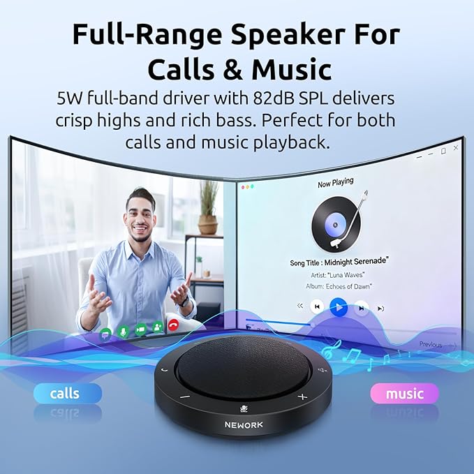 NEWORK Bluetooth Speakerphone for Conference Calls – AI Noise Reduction, 2 Mics, 5W Speaker, USB-C & USB-A Adapter, 10-14H Playtime, Compatible with Zoom/Teams/Skype/Meet