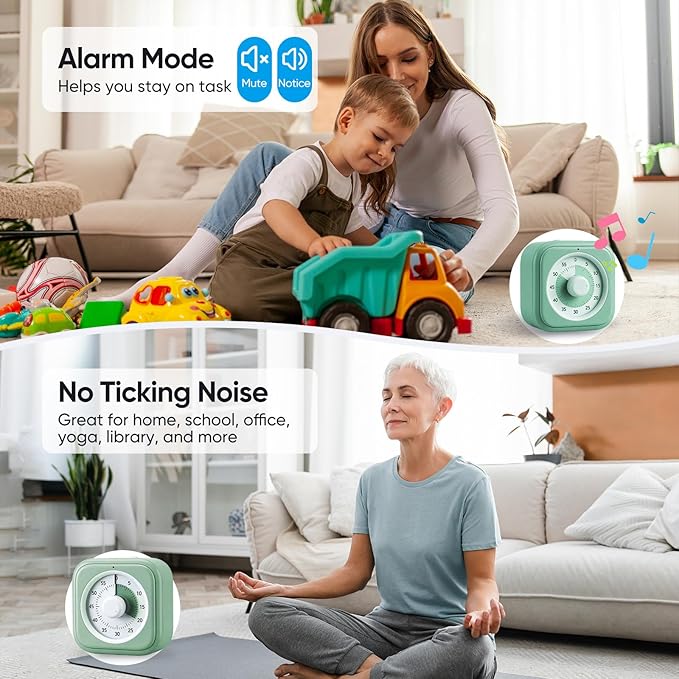 60 Minute Visual Timer for Kids, Silent Countdown Clock, Time Management Tool for Homeschool Study Supplies, Classroom, Home, Kitchen, Desk (Green)