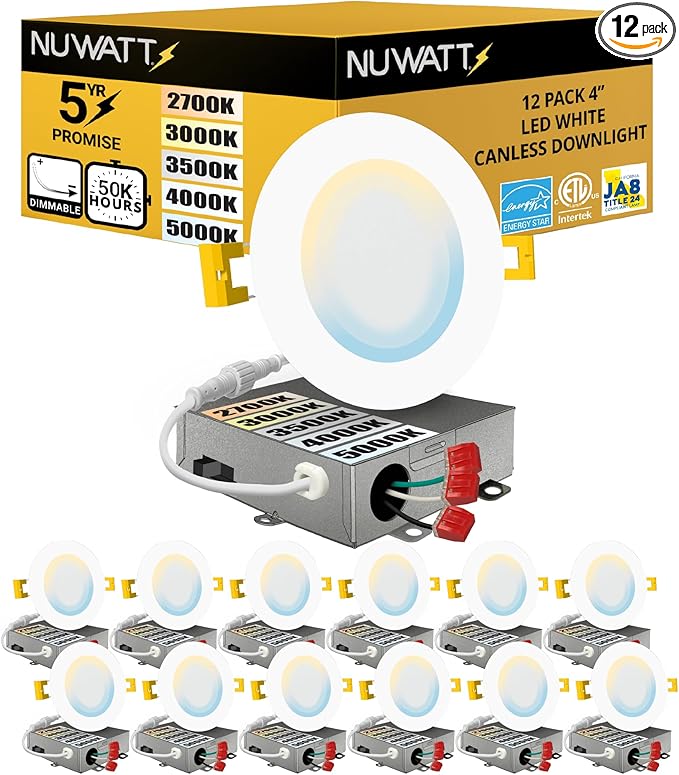 NUWATT 12 Pack, 4 Inch Ultra-Thin LED Recessed Lighting, 5CCT 2700K/3000K/3500K/4000K/5000K Selectable, 630LM, 9W, IC Rated, Dimmable Slim Panel Light, White Trim Canless Wafer with Junction Box, ETL