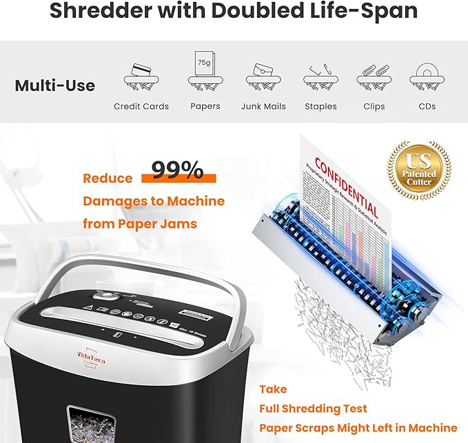 VidaTeco Paper Shredder for Home Office10-Sheet Cross-Cut Shredder with US Patented Cutter,Also Shreds Card/CD/Clip,Paper Shredding Machine for Home Use Heavy Duty with Jam Proof,3.9-Gallon Bin