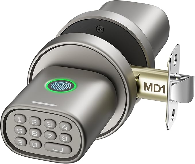ThorBolt Keyless Entry Door Lock, Fingerprint Door Lock with Keypad Biometric Door Knob, Auto-Lock for Interior Doors Thickness up to 2-1/4", Bedroom, Home Office, Garage, 4xAA Alkaline, MD1 Titanium