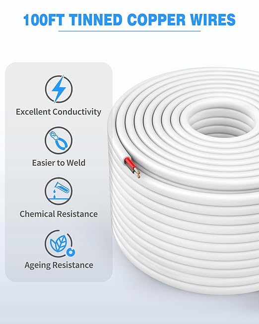 NAOVEO 10 Gauge Wire 2 Conductor Electrical Wire, 10 AWG Stranded PVC Tinned Copper Cable, Flexible/Low Voltage Automotive Wiring for LED Lamps, Marine, Speaker, Appliances (100FT)