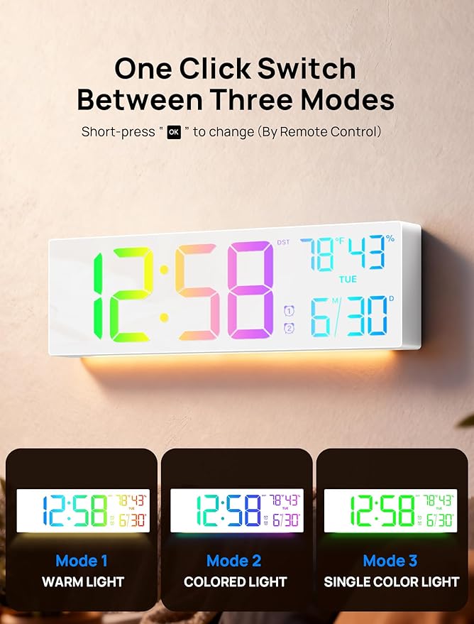 18.5" Large Digital Wall Clock with Remote Control, Big LED Display Digital Clocks with Night Light, Alarm, Countdown, DST, Temp, Date for Living Room, Bedroom, Office, Gift for Seniors(White)