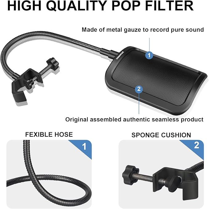 Aokeo Metal Pop Filter,Metal Mesh Layer Microphone Windscreen for Hyperx QuadCast, Blue Yeti and Other Mics,Pop Shield with Flexible 360° Gooseneck Clip Stabilization Arm