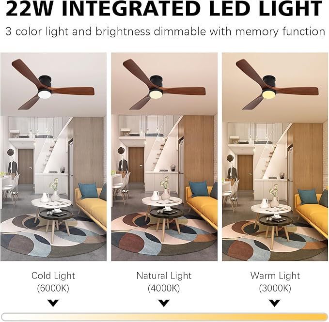 revoici 52" Ceiling Fans Flush Mount with Lights and Remote Control, Dark Brown Solid Wood Ceiling Fans for Indoor Outdoor Farmhouse, Timing 6 Speeds 3 Color Light with Memory Lighting