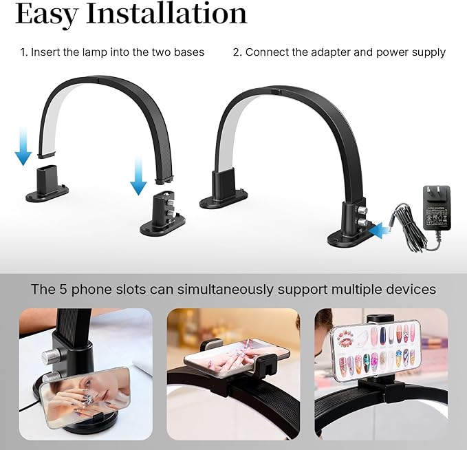 Half Moon Light for Nail Desk, Portable Nail Light for Desk with Phone Holder, Stepless Adjustment of Brightness and Color Temperature, Desk Lamp for Nail Tech, Eyelash, Tattoo, Makeup (Black)