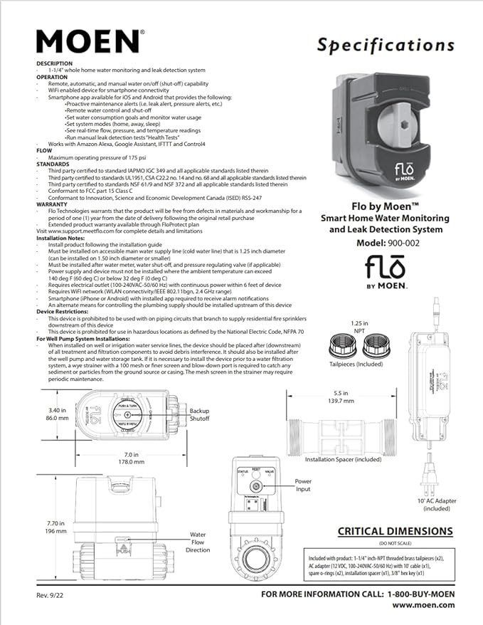 Moen Flo Smart Water Monitor and Automatic Shutoff Sensor, Wi-Fi Connected Water Leak Detector for 1-1/4-Inch Diameter Pipe, 900-002