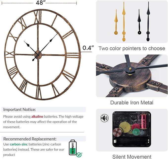 Ohweog Large Wall Clock for Living Room Decor – 48 Inch Silent Non-Ticking Modern Farmhouse Wall Clock, Oversized Decorative Metal Roman Numeral Clock, Bronze