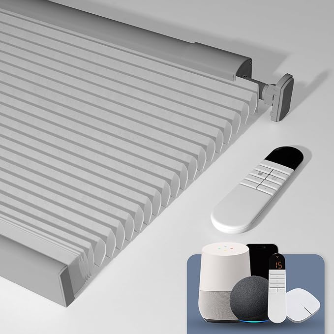 Boolegon No Drill Motorized Cellular Blinds With Remote Motorized Blackout Honeycomb Blinds For Indoor Windows Easy to Install Automatic Cellular Shades For Home,Light Filtering Light Gray,Custom Size
