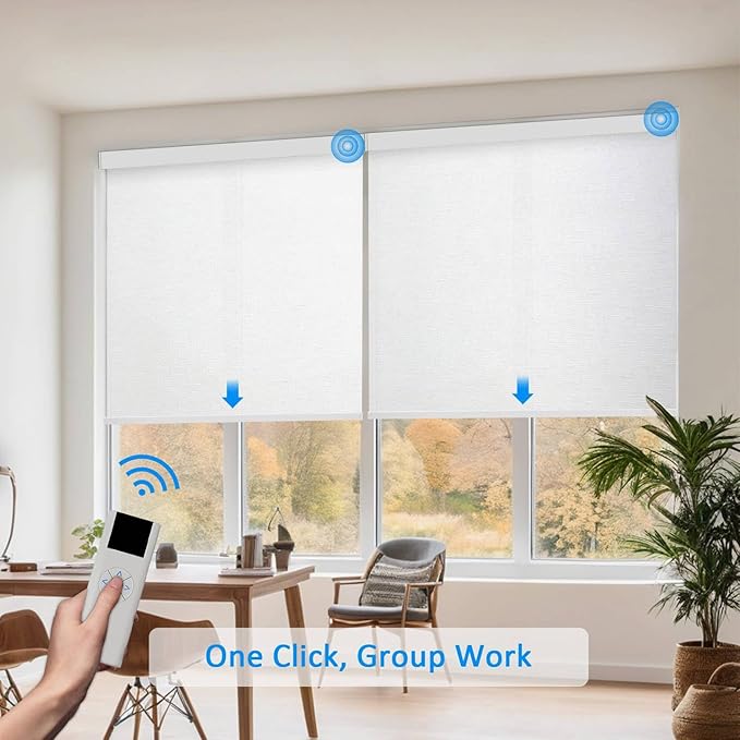 COOLWINDS Motorized Blinds with Remote Cordless Automatic Motorized Shades Custom Blinds for Windows Smart Curtains Compatible with Alexa Google Home(Light Filtering Jacquard White,W64 x H72in)