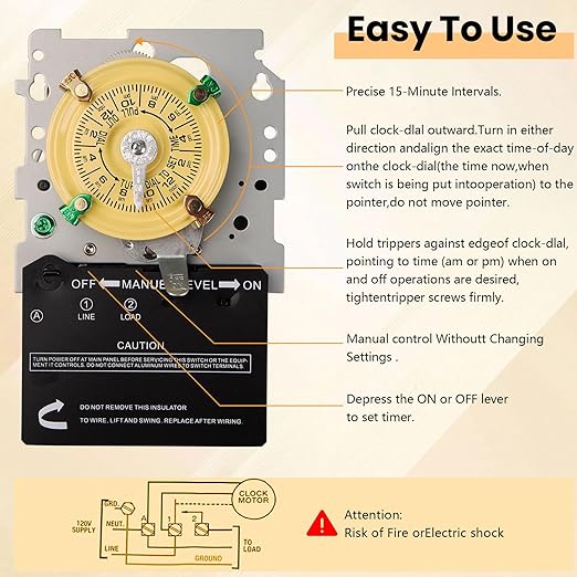 careNEW T101M Mechanical Timer Switch (Mechanism Only) - 120V 2HP 40A SPST Pool Pump Timers, 12 ON/Off 24 Hour Wall Timer Switches with Tripper for Lights, Water Heater, Pool Pump Systems