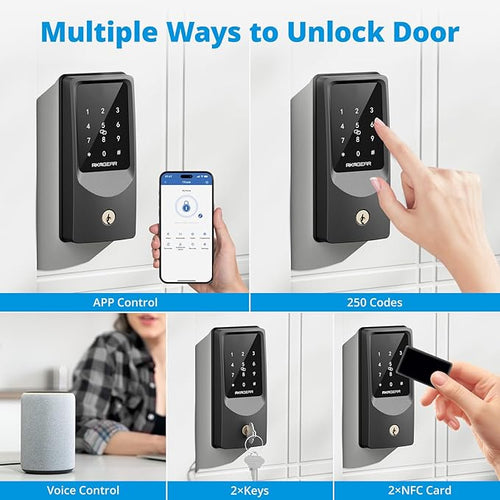 AkaGear WiFi Smart Lock Keyless Entry Door Lock with 8xAA Batteries, App Remote Control, Touchpad Keypad Deadbolt for Front Door, Auto Lock, Keys, Fob Card, PIN Code Unlock, 8-Month Battery, T02 Mini