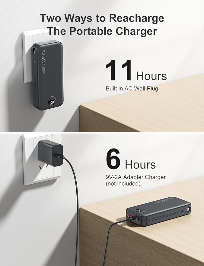 aonidi 20000mAh Ultra-Portable-Charger-Power-Bank PD20W with Built in Cables&AC Wall Plug,Fast Charging Cell Phone Charger Battery Pack,LED Display Travel Battery Bank for All iPhone,Samsung,Android