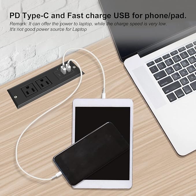 20W Recessed Power Strip USB C Fast Charge Desk Power Outlet Type C Flush Mounted Extension Power Plug for Conference Countertop Desktop Drawer Sofa ETL Listed (Black)