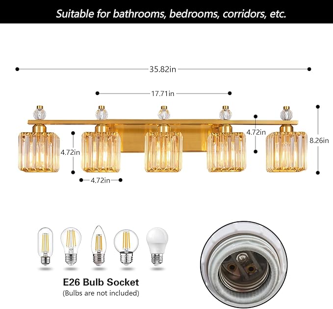 FDPBY Vanity Lights 5-Light Modern Crystal Vanity Light Gold Bathroom Light Fixtures Over Mirror Crystal Bathroom Vanity Lighting Fixtures