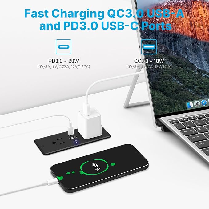 CCCEI Recessed Power Strip with Outlet and USB C Ports, Furniture Flush Mount Power Strip, Small Desk Hidden Outlet for Conference Table, Nightstand, Black, 10FT.