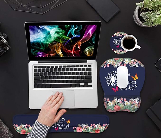 Mouse Pad Wrist Support and Keyboard Wrist Rest Set with Coasters, She Believed She Could So She Did Inspirational Quote with Non-Slip PU Base Ergonomic Mousepad for Computer Laptop Home Office