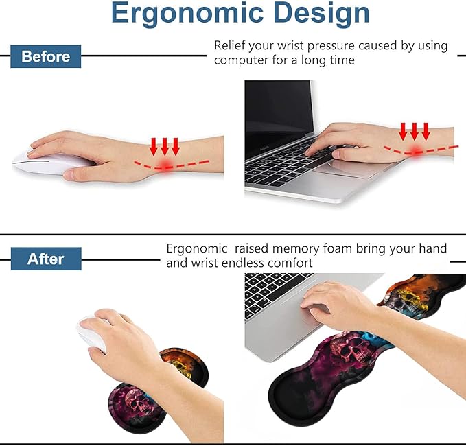 Ergonomic Keyboard Wrist Rest & Mouse Pad Wrist Rest Set, Large XXL Gaming Desk Mat 31.5"x 11.8" with Memory Foam, Easy Typing Pain Relief for Office & Home, Colored Skull