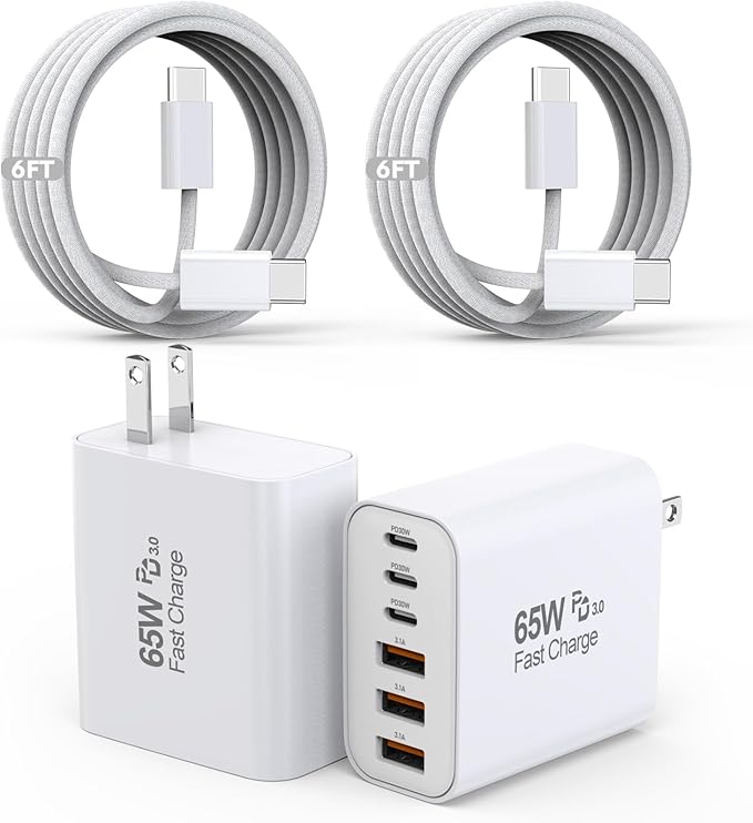 65W USB C Charger Block, 2Pack 6-Port Fast Charging Block with 6ft Long TypeC to TypeC Woven Cable Cord,Multiport Plug,USB C Power Adapter for iPhone 17/17 Air/17 Pro/16/16e/16 Pro Max/15,iPad,AirPods