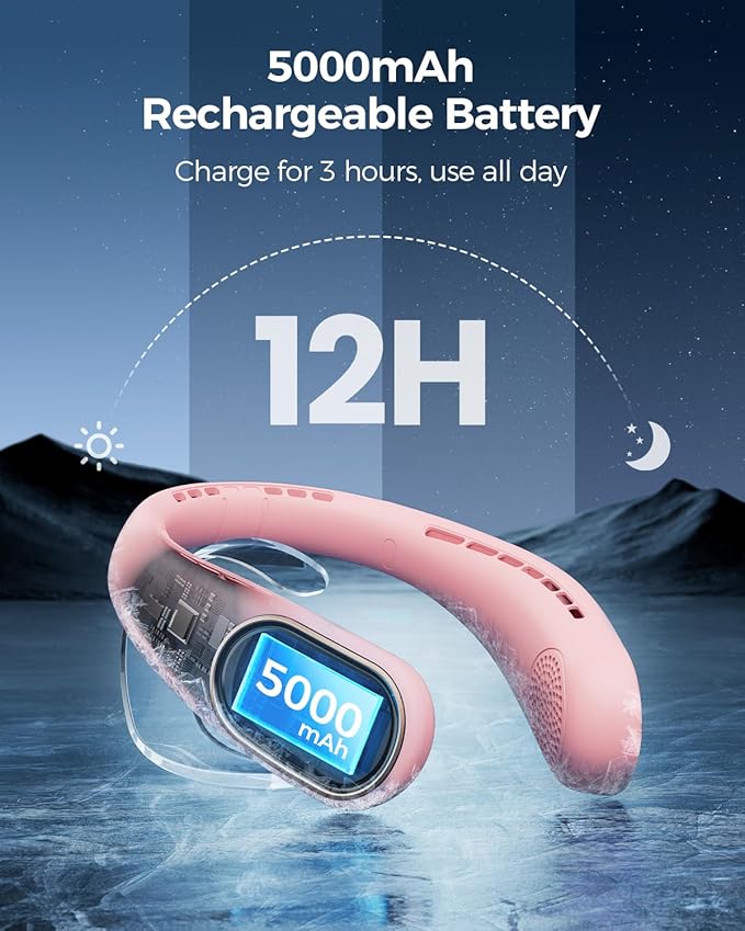 SHEWIND Portable Neck Fan - Hands Free Personal Fan, Rechargeable Bladeless Fan with 5000mAh-Battery, Digital Display, 4 Speeds, Birthday Gifts for Men, Women, Mom, and Dad - Pink