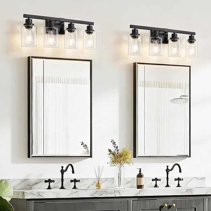 DIKAIDA Bathroom Vanity Light, 4-Light Modern Matte Black Wall Sconce Lighting with Clear Glass Shade, Bathroom Lighting Fixtures Over Mirror,Vintage Wall Mounted Lamps for Mirror Bedroom,Living Room