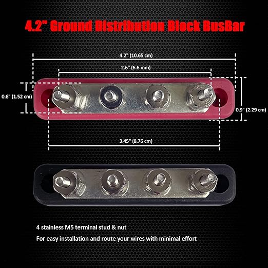 4 x #10 (M5) Studs Bus Bar, Ampper 4.2" Power/Ground Distribution Block Brass Battery BusBar Junction with Cover for Auto Boat Amplifier and More (Red & Black)
