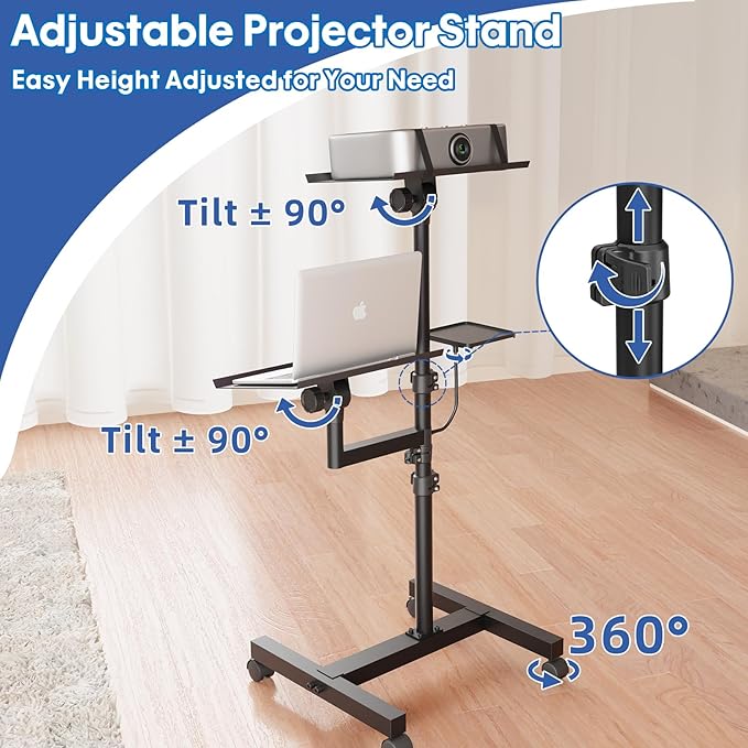 GSOW 2 Shelves Mobile Projector Stand, Rolling Laptop Stand Adjustable Height to 47 Inches, Podium Stands with Ventilated Tray, Heavy Duty, Laptop Floor Stand for Office, Home, Stage, DJ