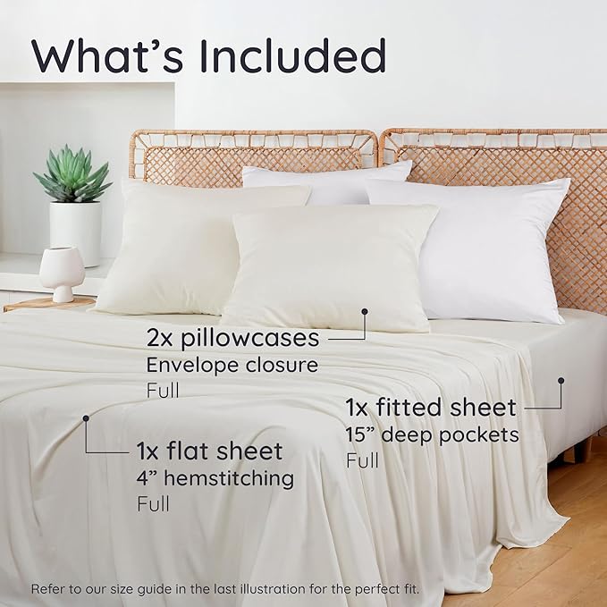 Bambaw 100% Viscose Derived from Bamboo Sheets Full Size Set – 4pcs Cooling Sheets Full Size, Perfect for Hot Sleepers, Luxury Sheets, Buttery Soft Bed Sheets, with Elastic Corner Straps (Ivory)