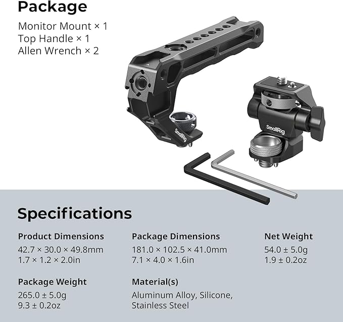 SMALLRIG Top Handle with Monitor Mount Kit, with 3/8"-16 Locating Holes for ARRI, 1/4"-20 Threaded Hole, 5 Built-in Cold Shoe, 360° Swivel and 180° Tilt Adjustable, Anti-Twist Design - 5323