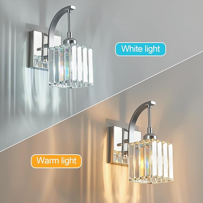 FDPBY Wall Sconces, Set of 2 Chrome Crystal Vanity Lights, Modern Wall Lamp for Bathroom, Hallway, and Makeup, Easy Installation