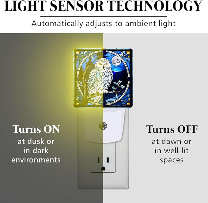 PODMemory Owl Stained Glass Night Lights Plug into Wall for Room, Owl Night Light LED for Bedroom