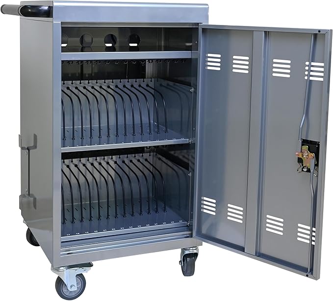 32-Bay Mobile Charging Cart with Keyed Lock, Steel Laptop & Tablet Charging Cabinet with Cable Management, Rolling Power Station for Classroom, Office, School, Library