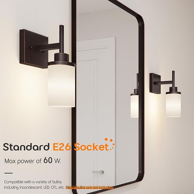 AONEON Wall Lights Over Mirror Bathroom Vanity Light Fixtures with White Frosted Glass Shade, Wall Sconces for Porch, 2 Pack Oil Rubbed Bronze T001ORB-L1-P2