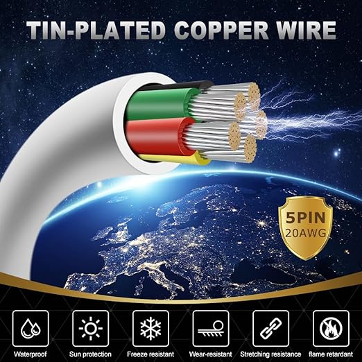 20 Gauge 5 Conductor Electrical Wire, 16.4FT White Stranded Low Voltage 20/5 Cable PVC Case, 20 AWG Tinned Copper 5 Wire Cable Extension Power Cable for Strips LED Lamp Lighting Automotive