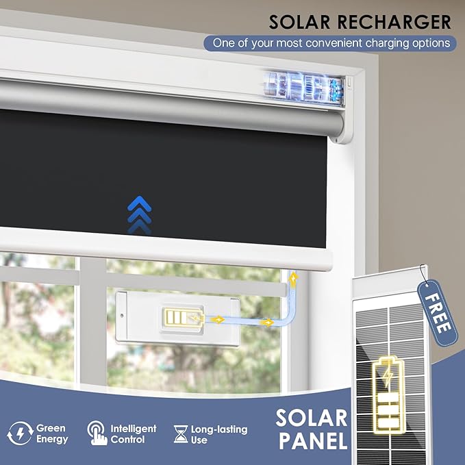 Motorized Roller Blinds with Remote Control & Solar Panel - 100% Blackout Smart Blinds, Automatic, Cordless, Electric Shades - Compatible with Alexa - Black