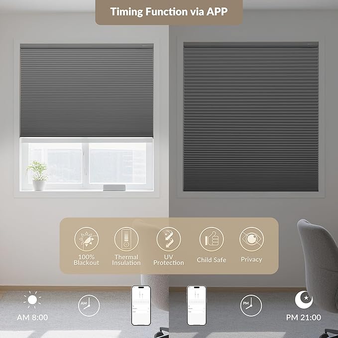 Boolegon No Drill Motorized Cellular Blinds with Remote Motorized Blackout Honeycomb Blinds for Indoor Windows Easy to Install Automatic Cellular Shades for Home,Blackout Light Gray,Custom Size