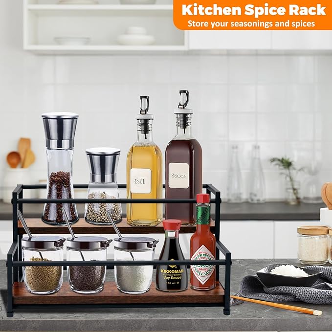 Coffee Syrup Rack Organizer - 2-Tier 10 Syrup Bottles Holder for Coffee Bar, Liquor Bottle Display Shelf - Rustic Kitchen Cabinet for Spices, Jars - Stepped Pantry Shelf for Wine, Tea & Bottles