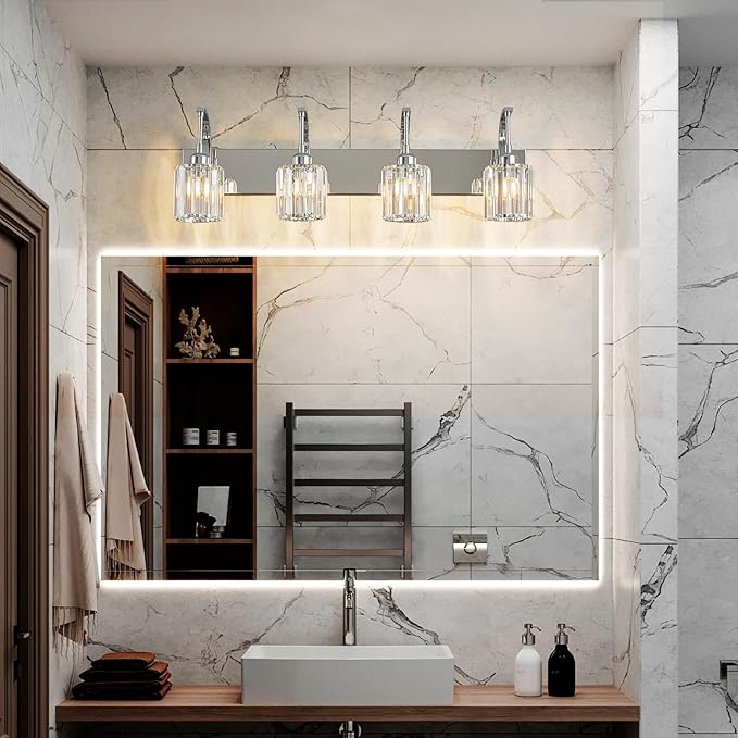 FDPBY 4-Light Crystal Vanity Light, Modern Chrome Bathroom Wall Sconce with K9 Crystal Shades, 32.67" Long Over Mirror Lighting for Vanity, Makeup, Hallway, Elegant & Easy Install