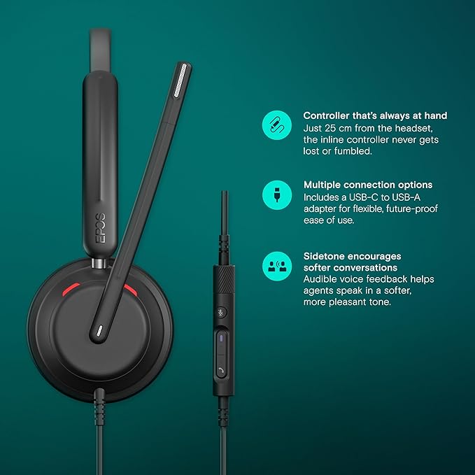 EPOS Impact 760 Dual-Sided USB-C and USB-A Wired Office Headset with Noise-Canceling Mic, in-Line Controls, Clear Audio, Comfortable Fit, Suitable for Business Calls and Working from Home