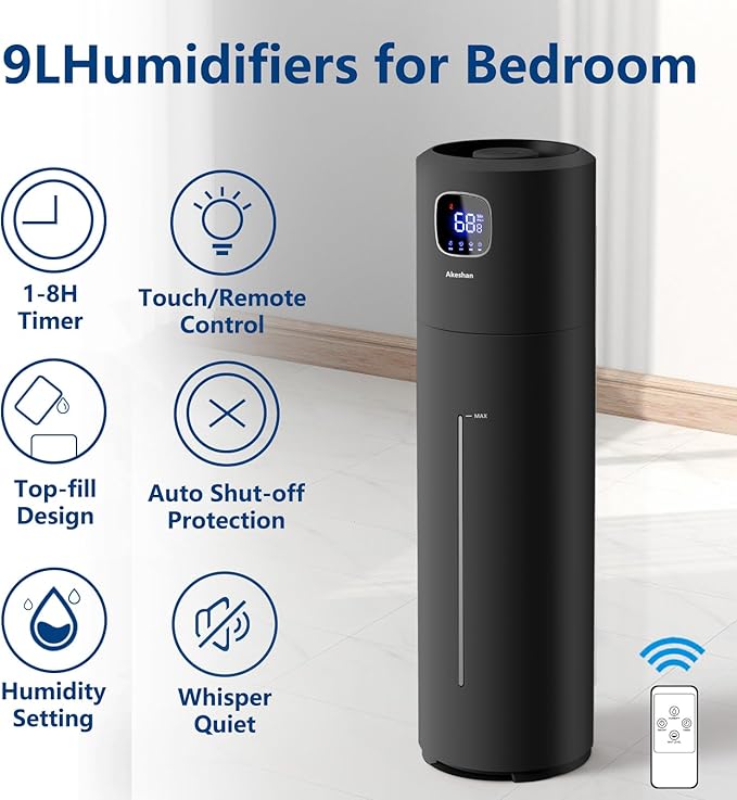 Akeshan Large Humidifiers for Bedroom, 9L/2.5Gal Ultrasonic Cool Mist, Top Fill Easy Clean with 350ML/H Mist Speed, Quiet, Suitable for Kids Room Plant Yoga Office Study Room Living (Black, Round)